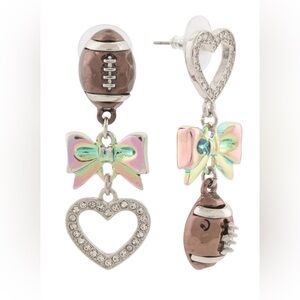 Betsey Johnson Silver and Brown Football Heart Earrings with iridescent bows